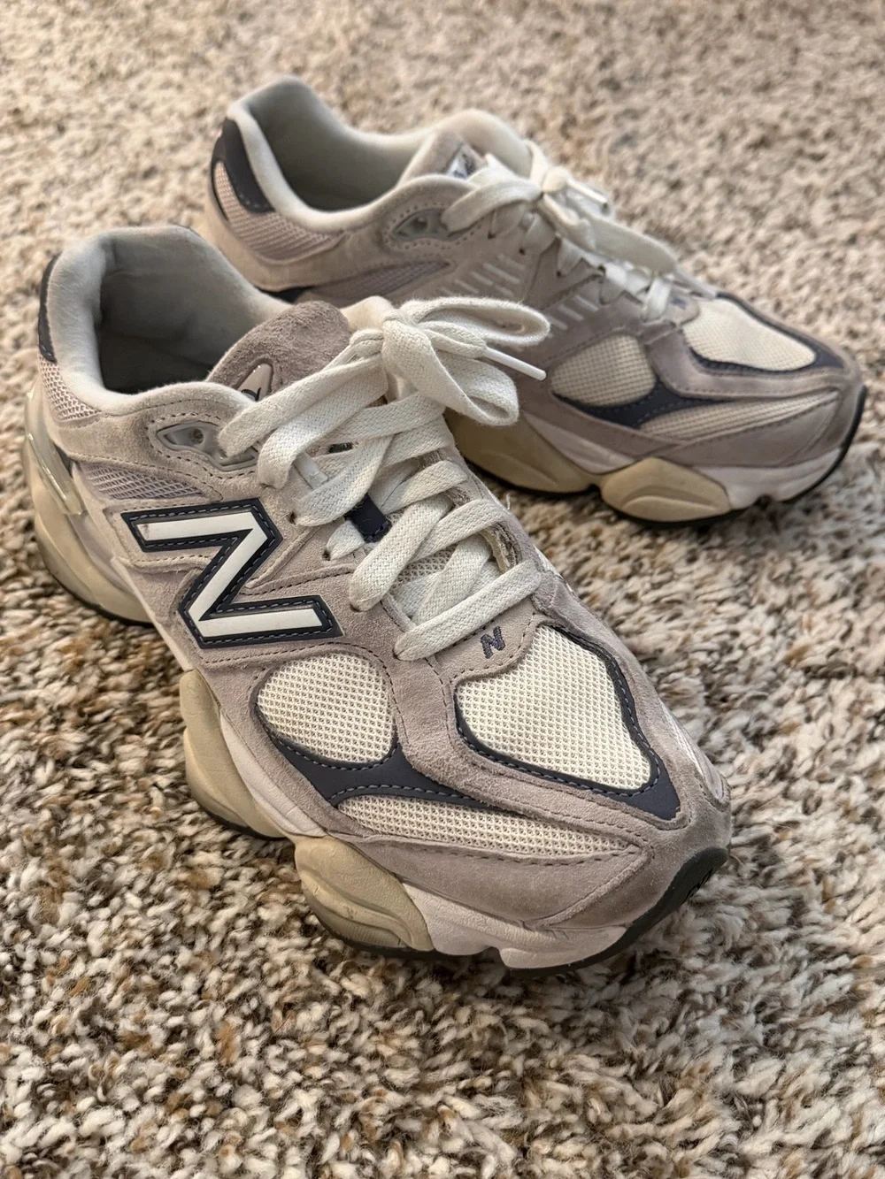 New Balance 9060 Cream Taupe Navy Suede Mesh Chunky Sneakers